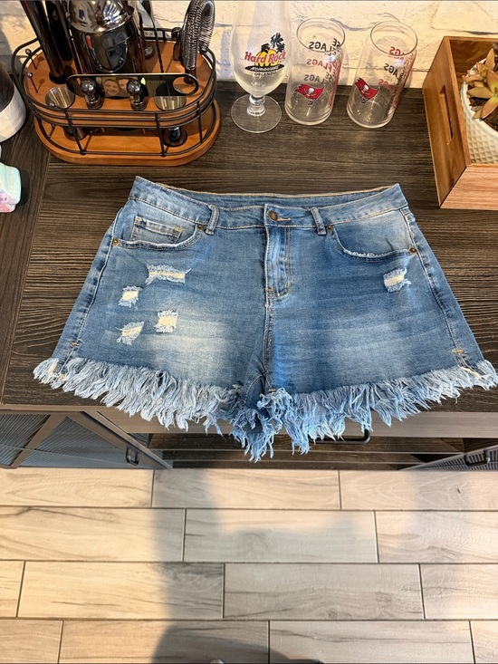 None Pants - Distressed Fringe Hem Blue Denim Shorts